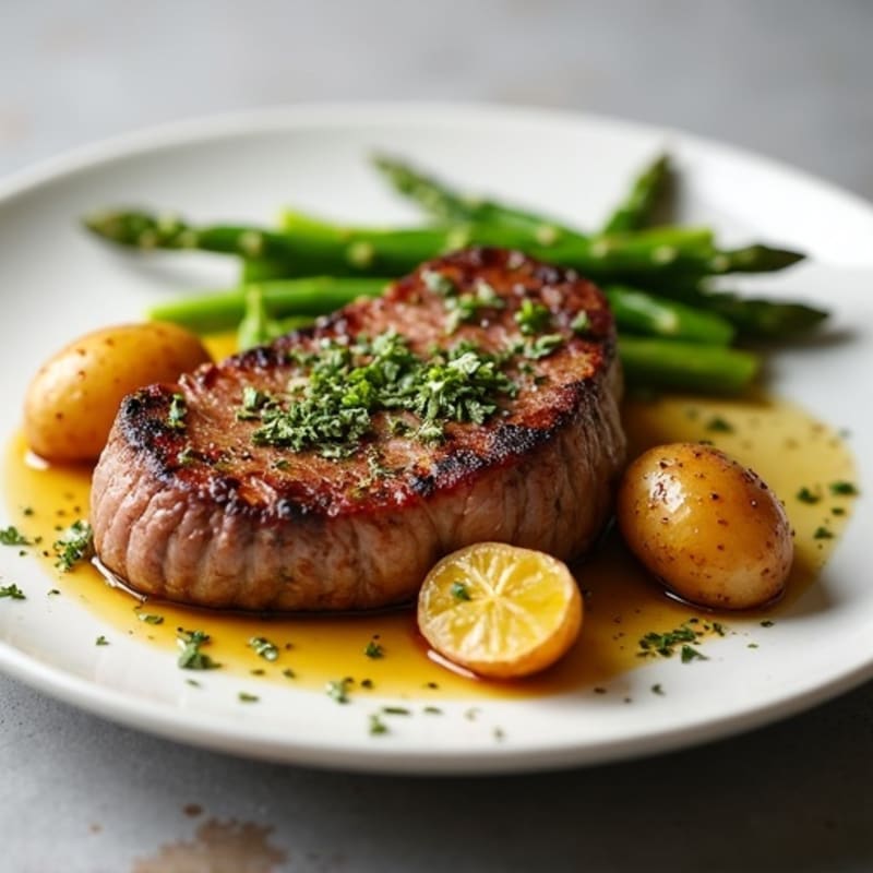 Pan-Seared Garlic Butter Steak with Roasted Potatoes and Fresh Asparagus