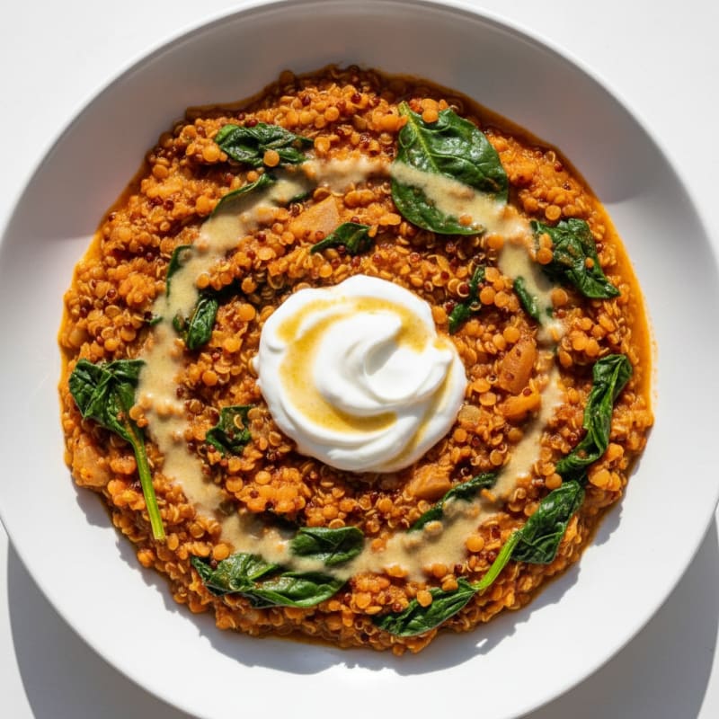 Silky Red Lentil and Quinoa Stew with Spinach