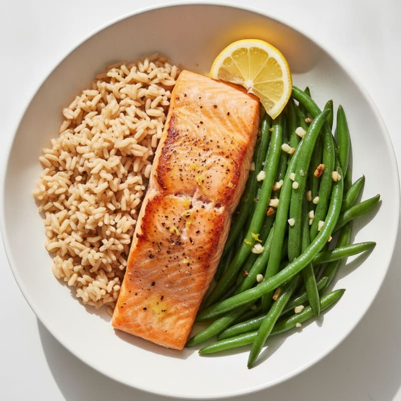 Pan-Seared Salmon with Garlic Green Beans and Brown Rice