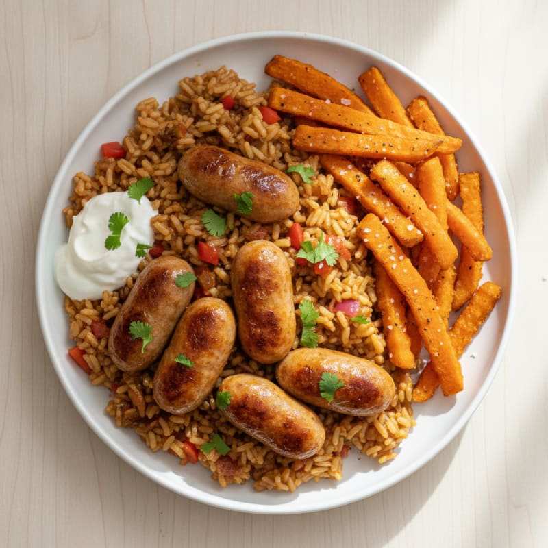 Chipotle Sausage Rice with Sweet Potato Fries