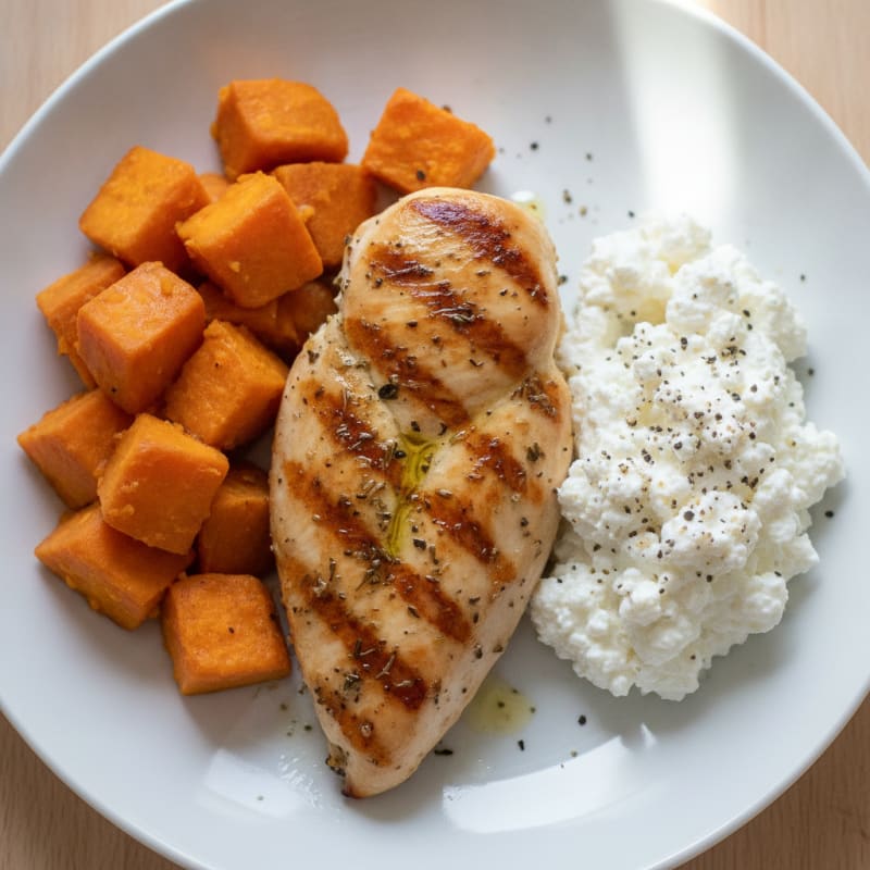 Herb-Grilled Chicken Breast with Steamed Sweet Potato and Cottage Cheese