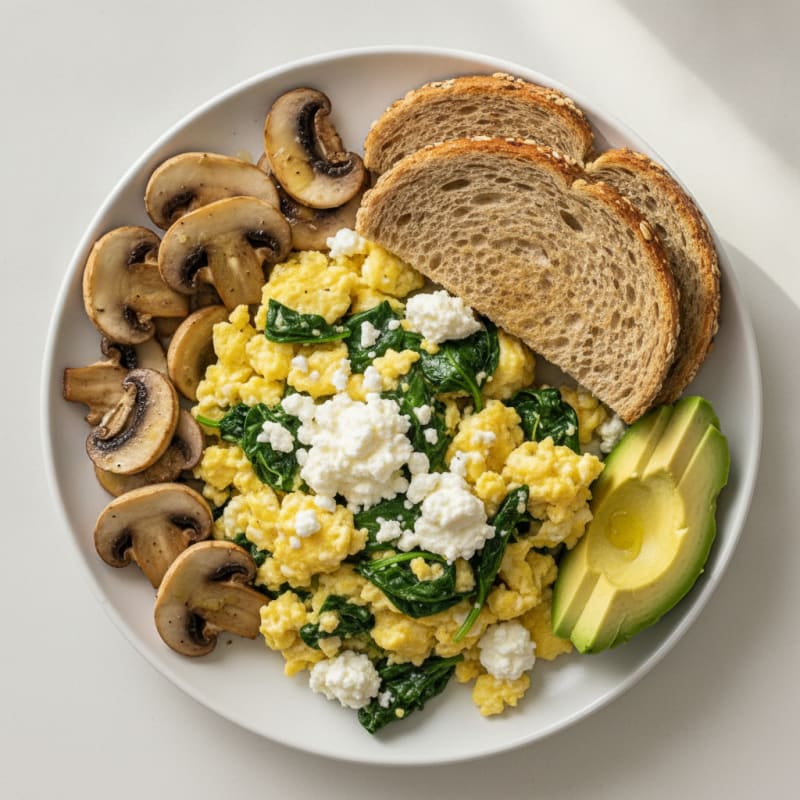 Cottage Cheese and Spinach Egg Scramble with Sautéed Mushrooms