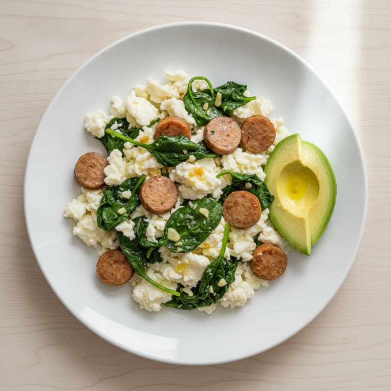 Egg White Scramble with Turkey Sausage and Sautéed Spinach