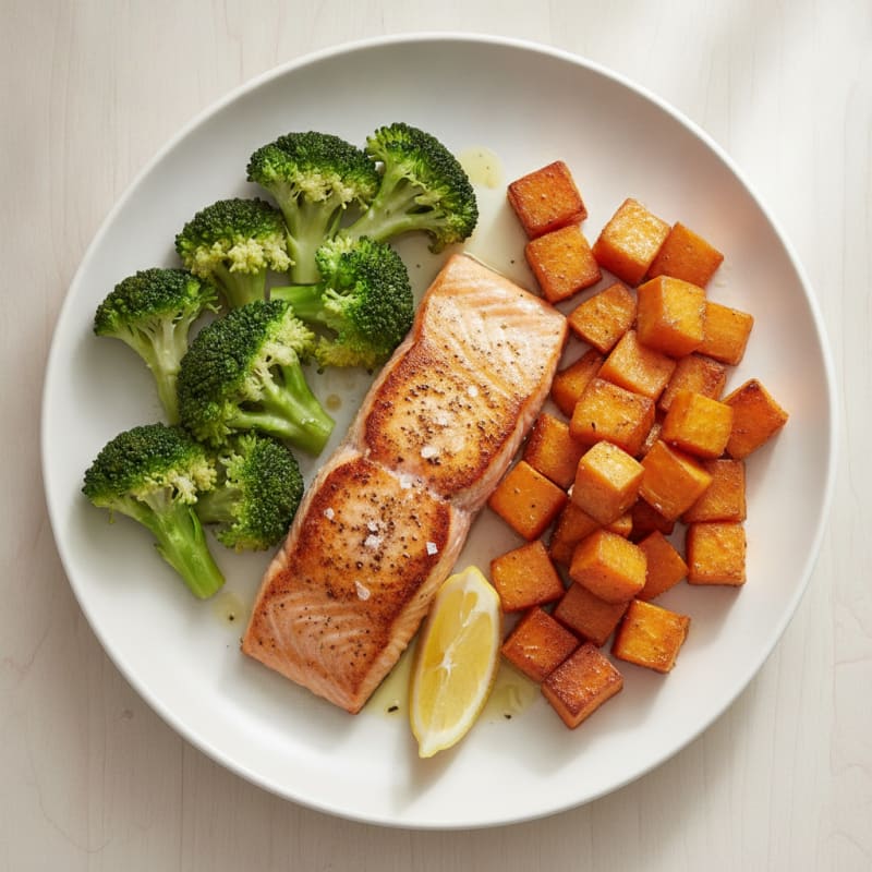 Seared Salmon with Steamed Broccoli and Roasted Sweet Potato Cubes