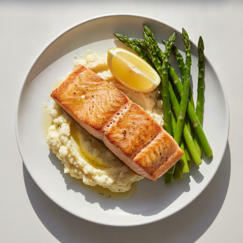 Seared Salmon with Steamed Asparagus and Garlic Mashed Cauliflower