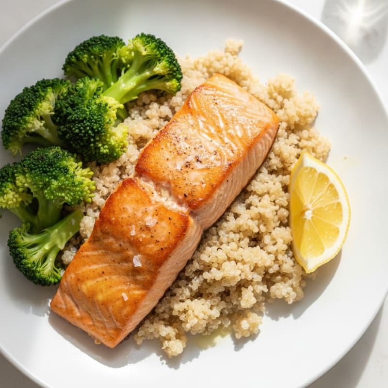 Seared Salmon Fillet with Steamed Broccoli and Quinoa