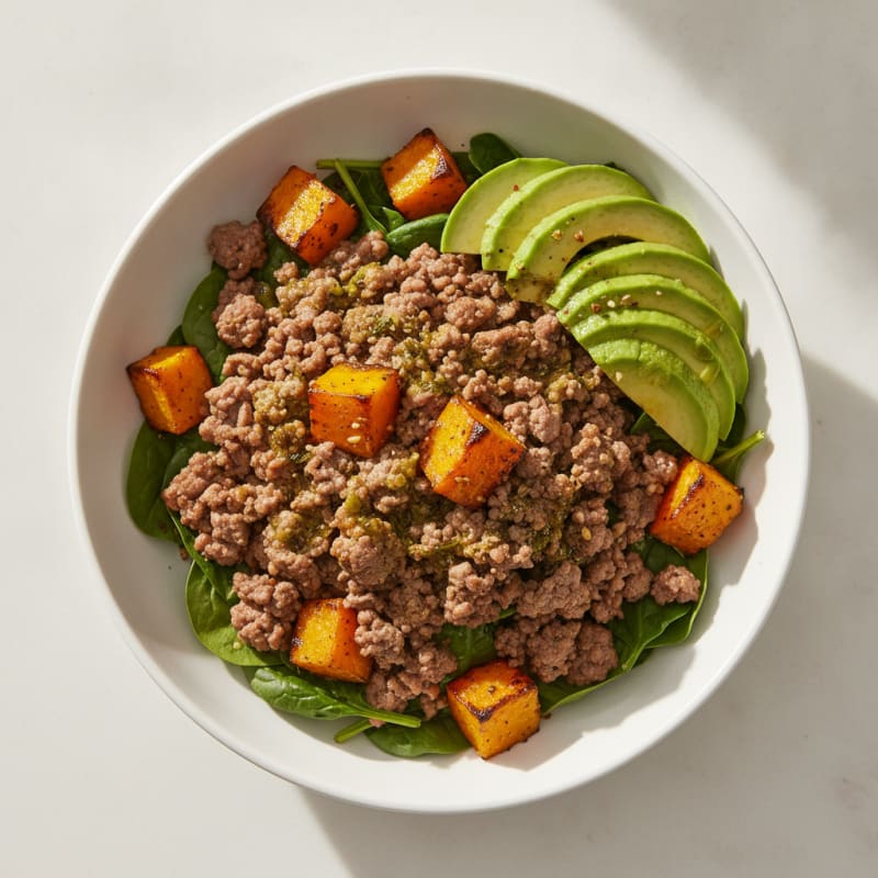 Lean Beef Mince Bowl with Roasted Pumpkin and Avocado