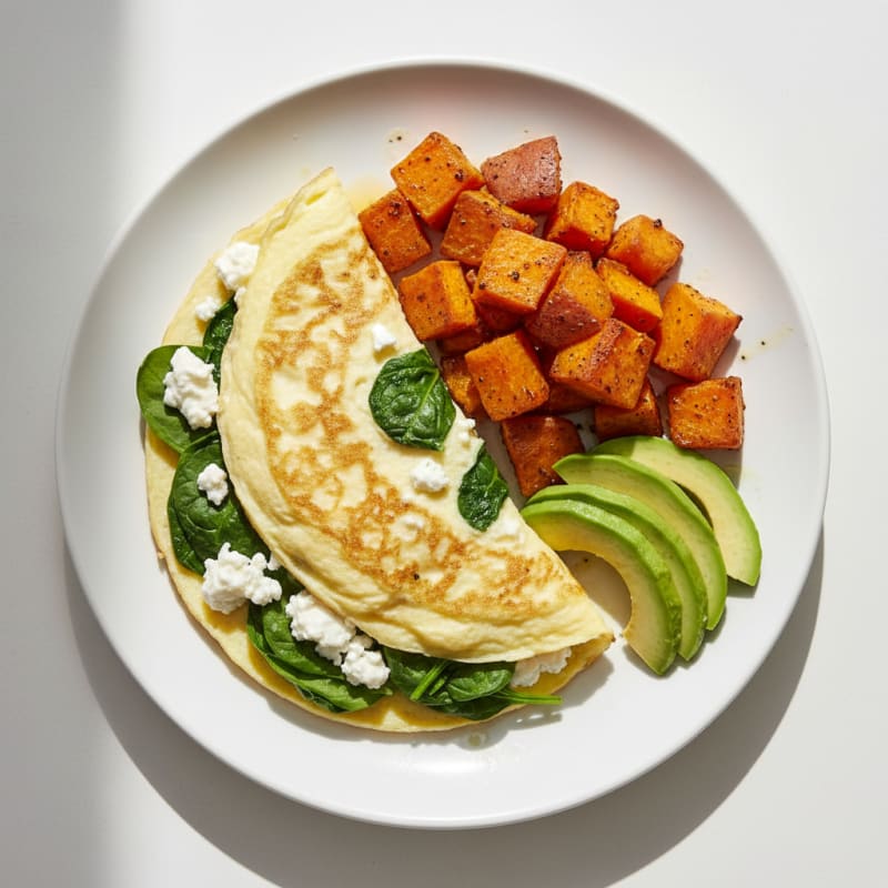 Egg White Spinach Omelette with Cottage Cheese and Roasted Sweet Potatoes