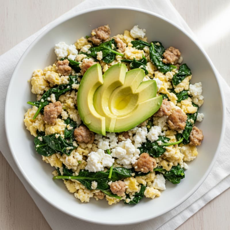 Egg White and Turkey Sausage Scramble with Spinach and Cottage Cheese