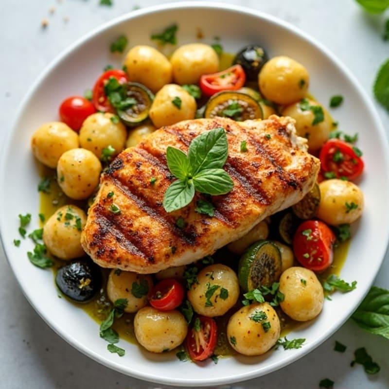 Crispy Gnocchi with Fresh Pesto and Roasted Veggies