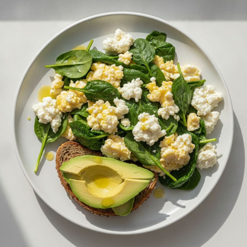 Cottage Cheese and Egg Scramble with Sautéed Spinach