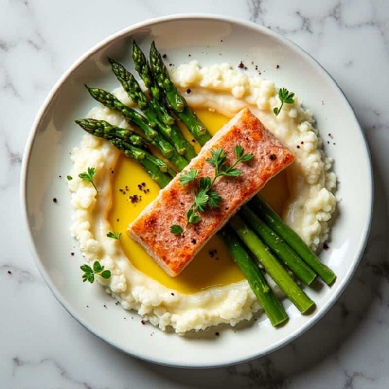 Seared Salmon with Steamed Asparagus and Cauliflower Mash