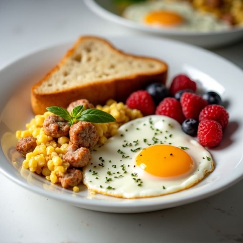 Egg and Chicken Sausage Scramble with Sourdough Toast and Fresh Berries