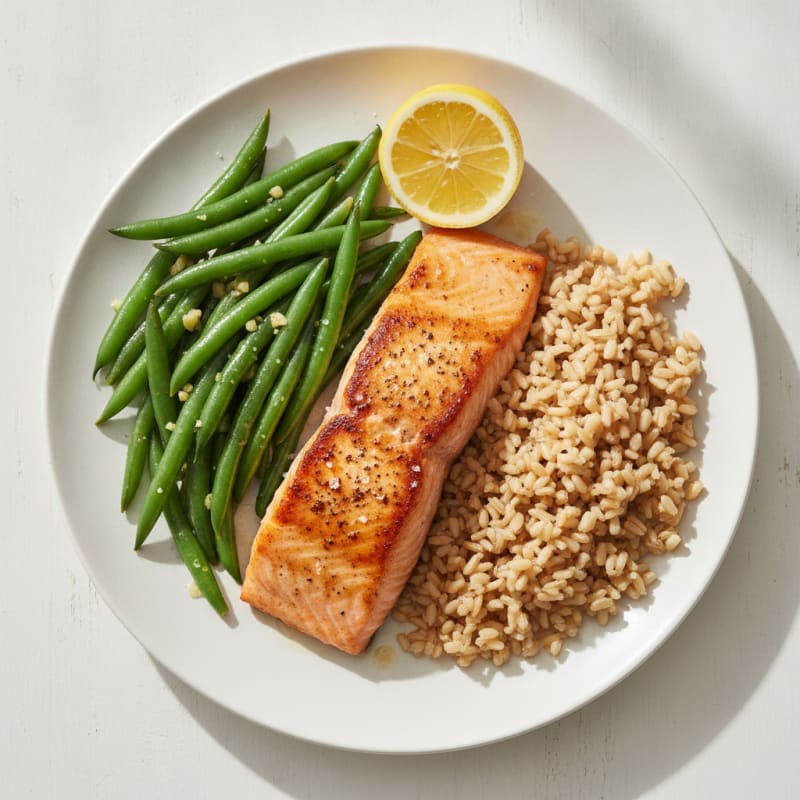 Seared Salmon with Garlic Green Beans and Brown Rice