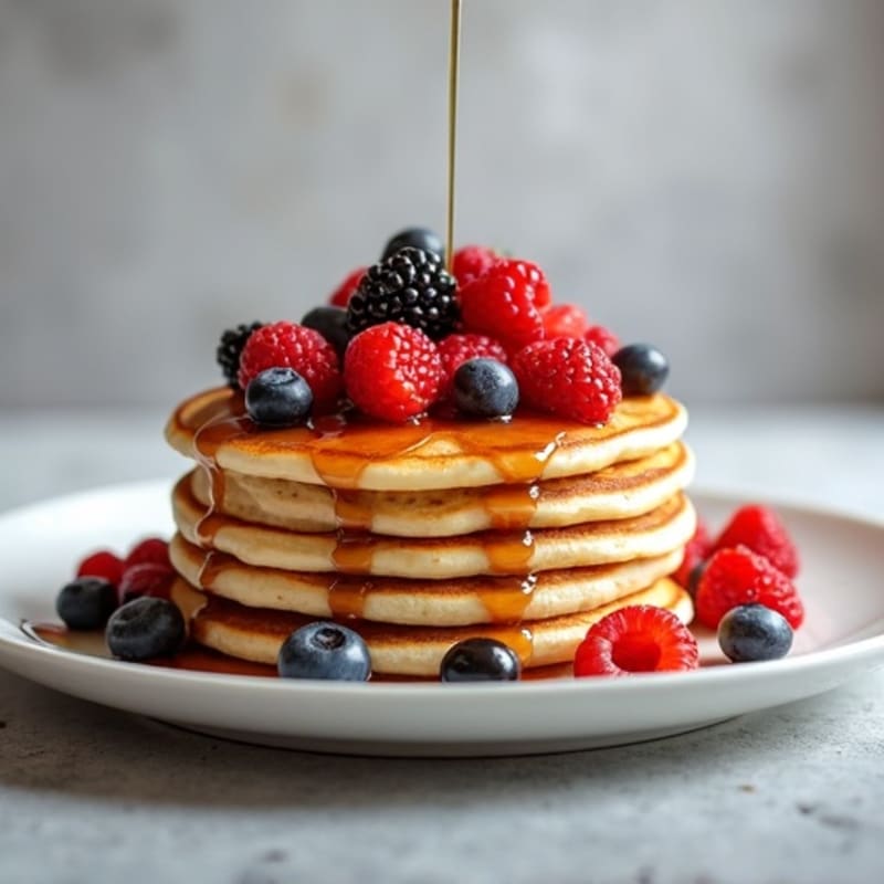 Fluffy Protein Pancakes with Fresh Berries and Maple Drizzle