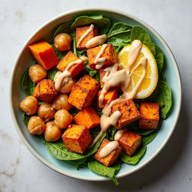 Crispy Cinnamon-Spiced Sweet Potato & Chickpea Bowl with Creamy Maple-Tahini Drizzle