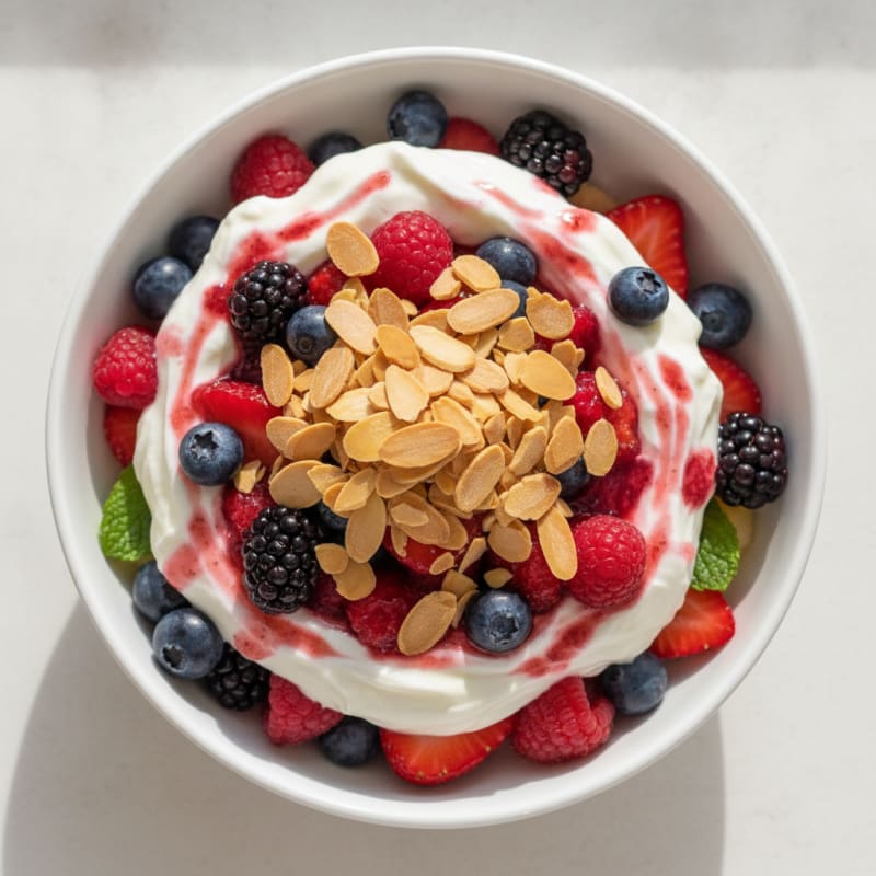 Greek Yogurt Protein Parfait with Mixed Berries and Almonds