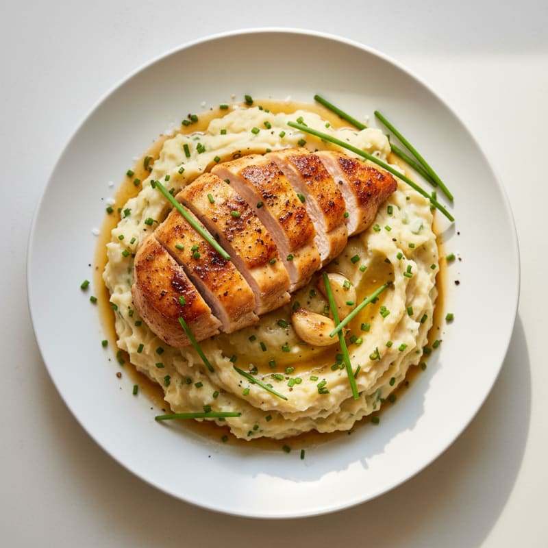 Garlic Mashed Potatoes with Chives and Herb-Roasted Chicken