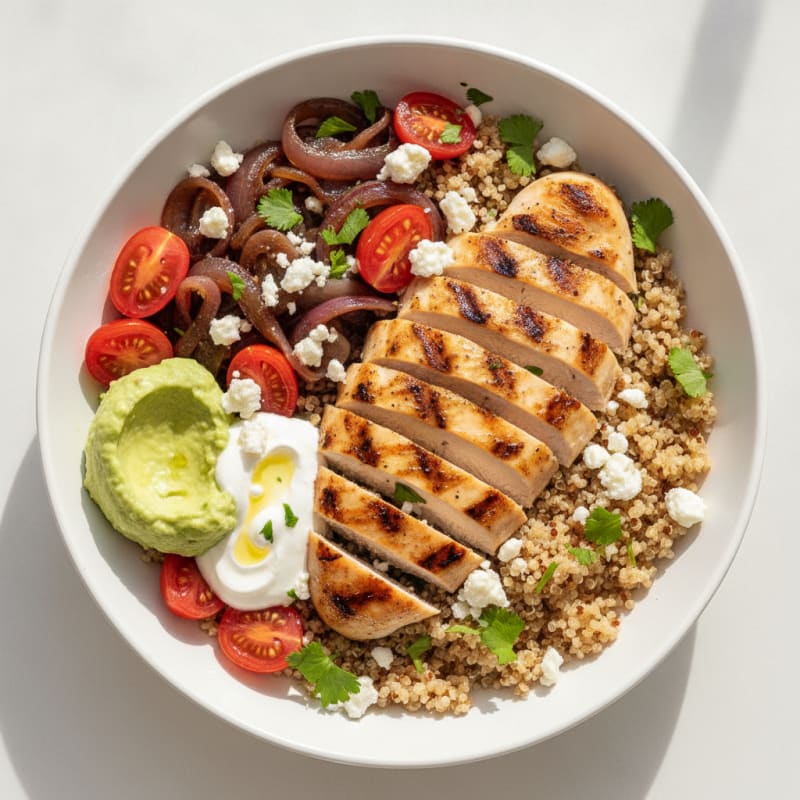 Grilled Chicken and Quinoa Power Bowl with Roasted Onions and Cheese