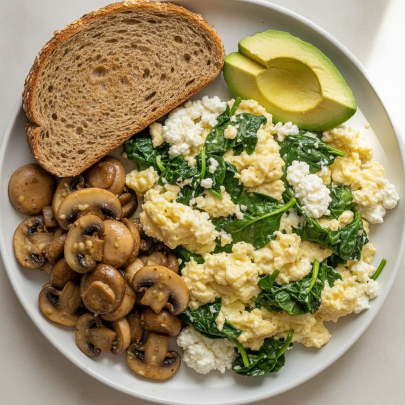 Egg White Spinach Scramble with Cottage Cheese and Sautéed Mushrooms