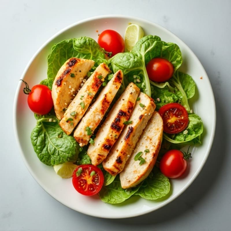 Grilled Chicken Breast Salad with Crunchy Romaine and Cherry Tomatoes