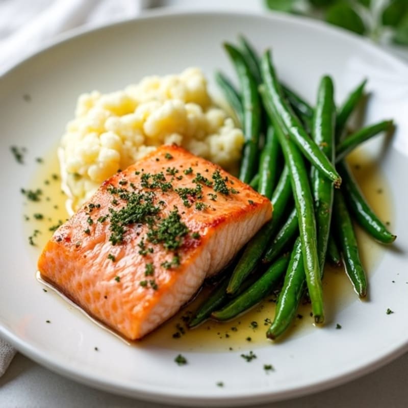 Seared Salmon with Garlic Green Beans and Mashed Cauliflower