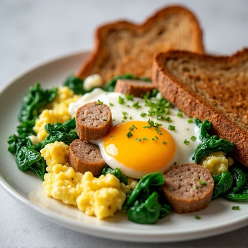 Egg White Scramble with Turkey Sausage and Sautéed Spinach
