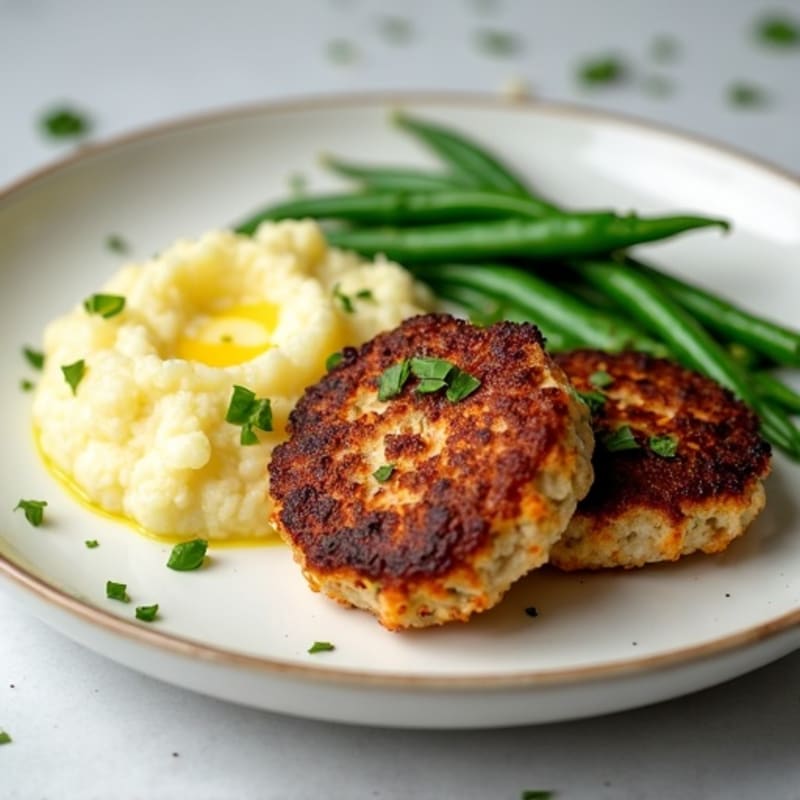 Seared Turkey Patties with Garlic Green Beans and Cauliflower Mash