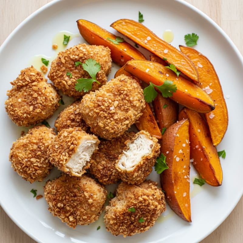 Crispy Chicken Breast Bites with Roasted Sweet Potato Wedges