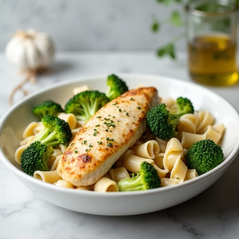 Creamy Garlic Chicken Pasta with Roasted Broccoli