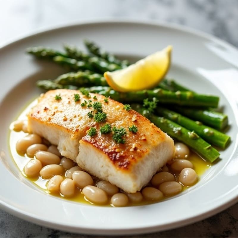 Seared Cod with Lemon-Garlic Asparagus and White Beans