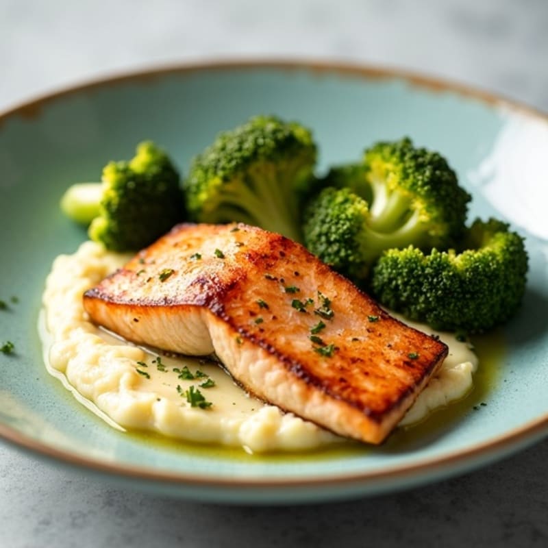 Seared Salmon with Roasted Broccoli and Cauliflower Mash
