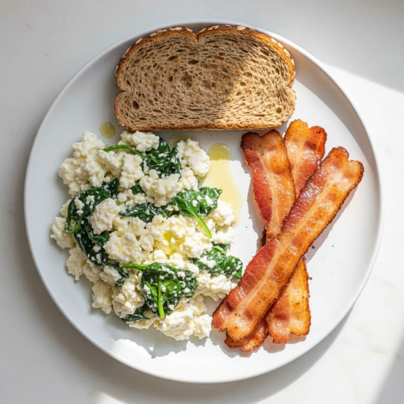 Egg White and Cottage Cheese Scramble with Spinach and Turkey Bacon