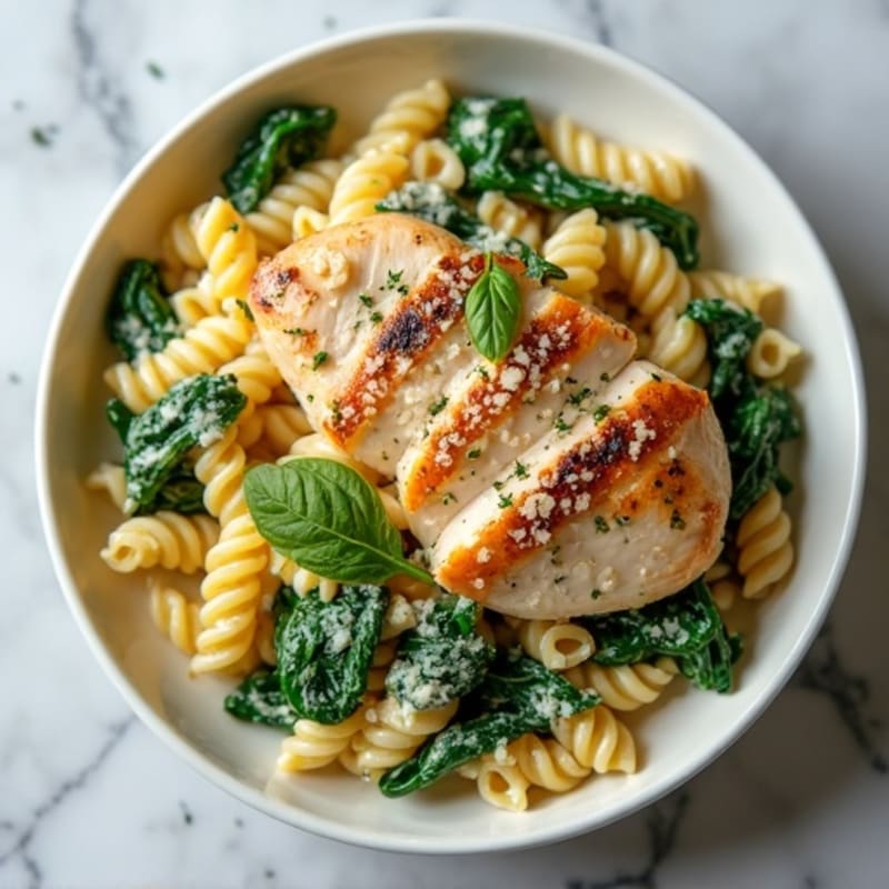 Chicken with Creamy Lemon Herb Pasta and Fresh Spinach