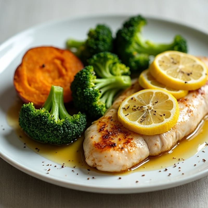Lemon-Garlic Pan-Seared Chicken with Roasted Broccoli and Sweet Potato