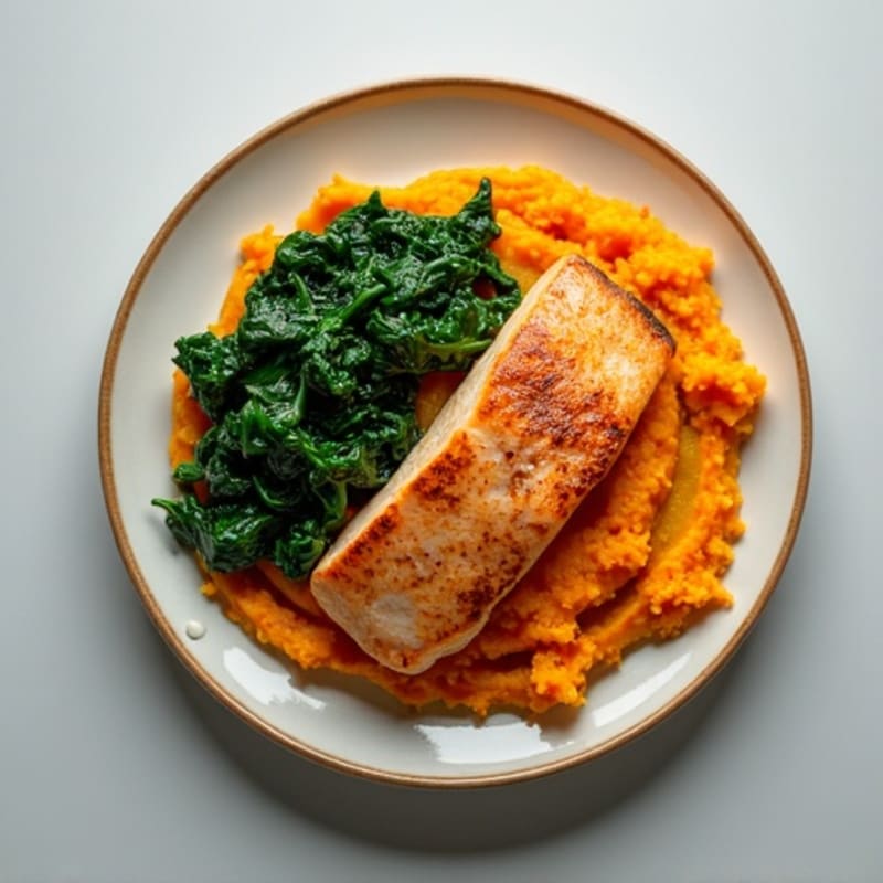 Pan-Seared Salmon with Garlic Spinach and Sweet Potato Mash