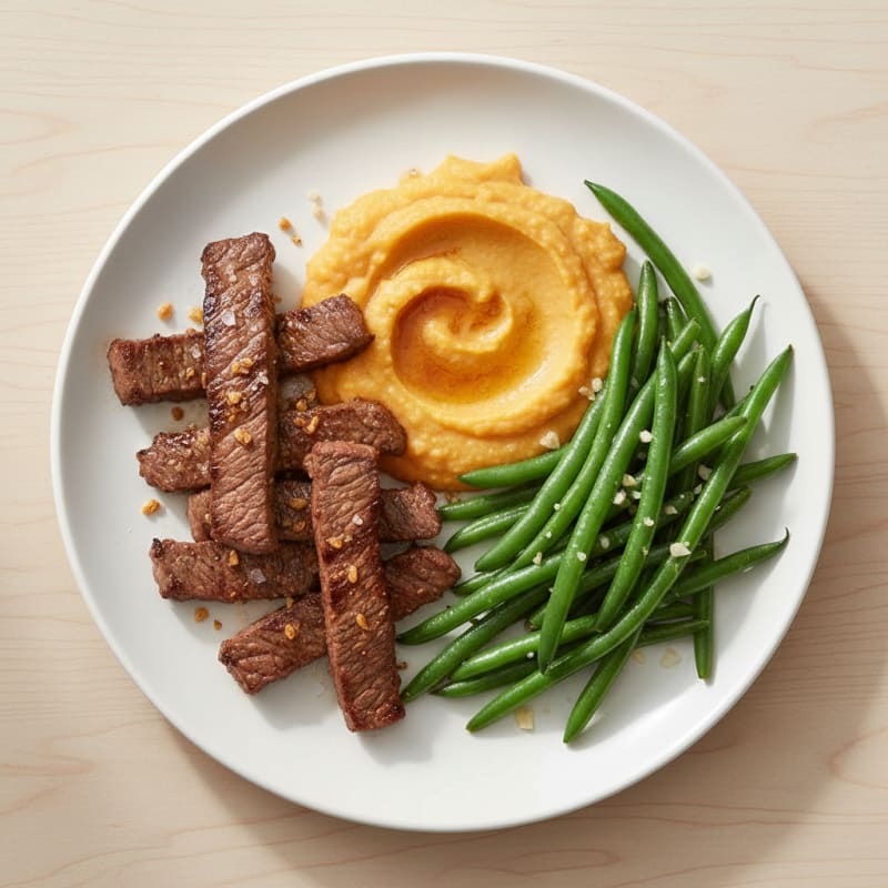 Seared Lean Beef Strips with Steamed Green Beans and Sweet Potato Mash