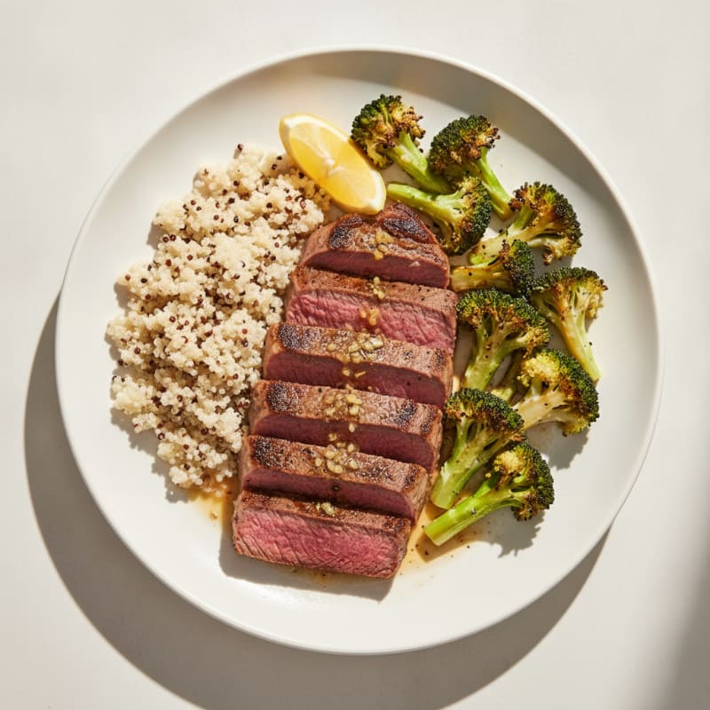Seared Lean Steak with Roasted Broccoli and Quinoa