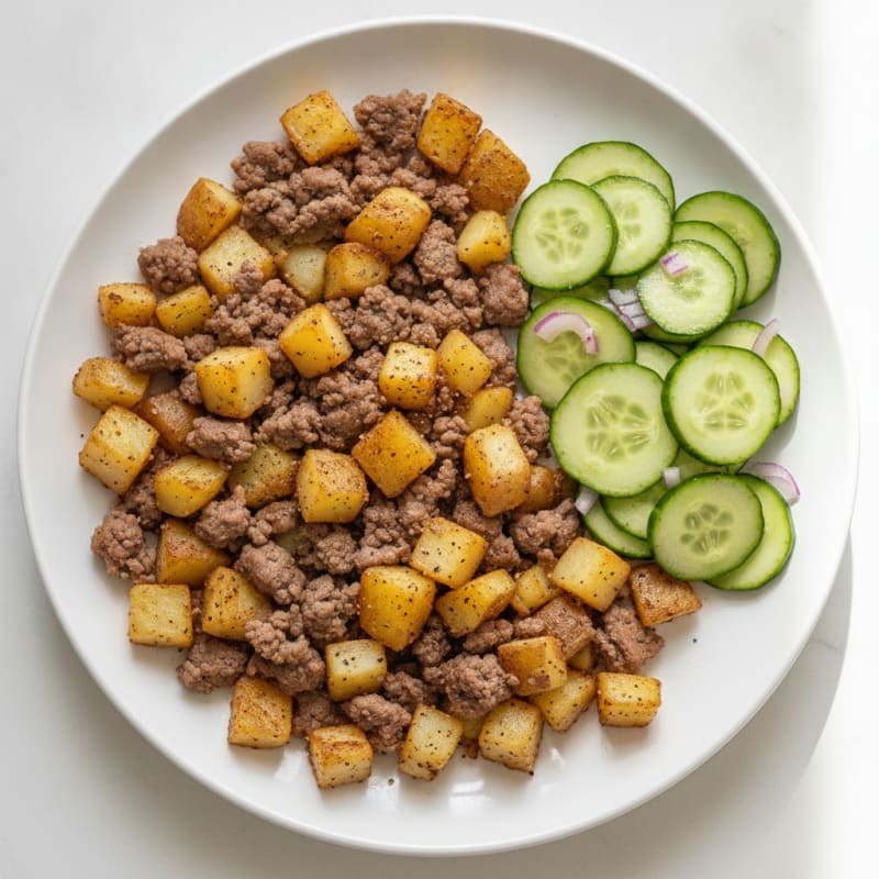 Ground Beef and Potato Hash with Cucumber Salad