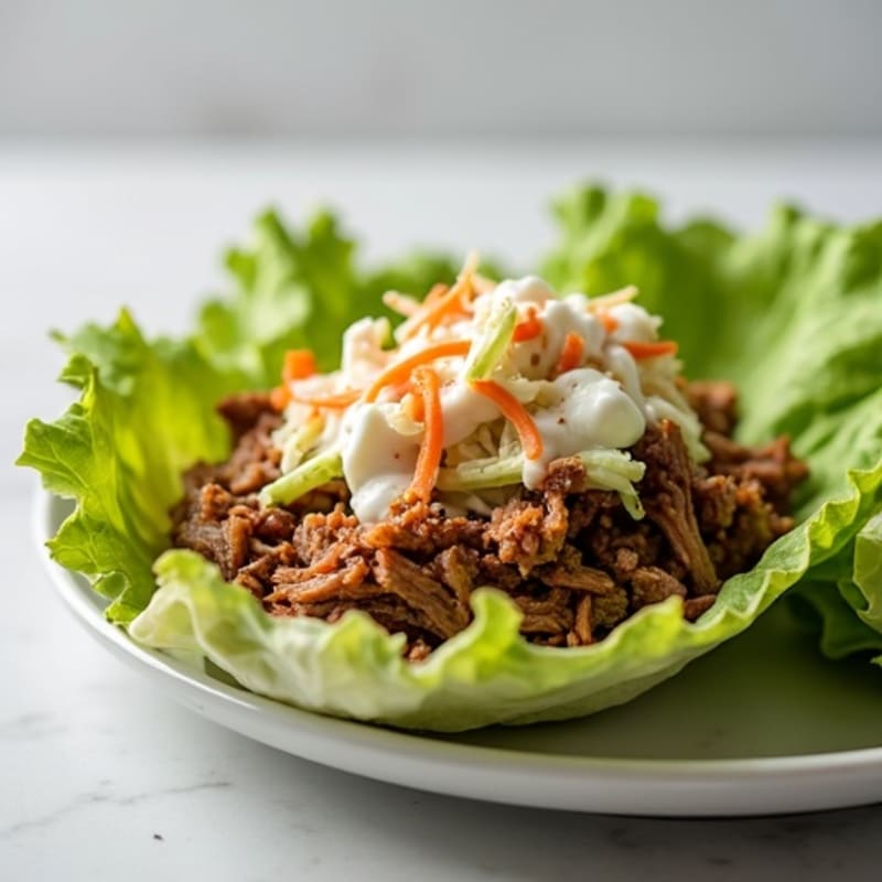 Slow Cooked Pulled Pork Lettuce Wraps with Creamy Cabbage Slaw