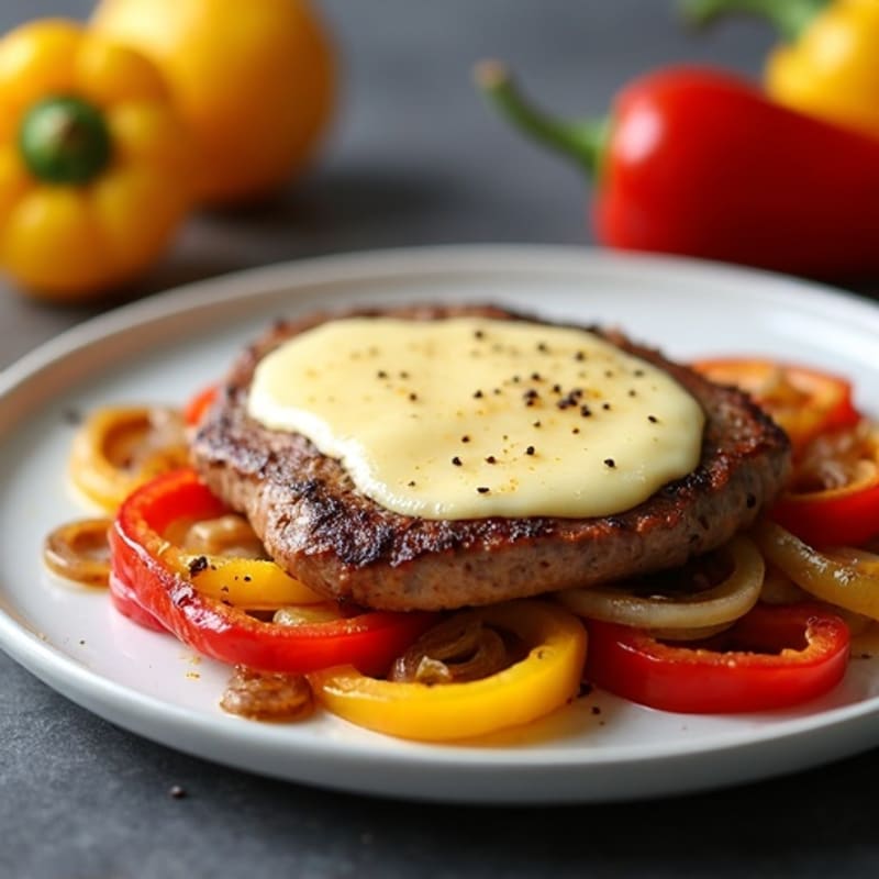 Tender Pan-Seared Lean Steak with Sautéed Peppers, Onions, and Melted Provolone