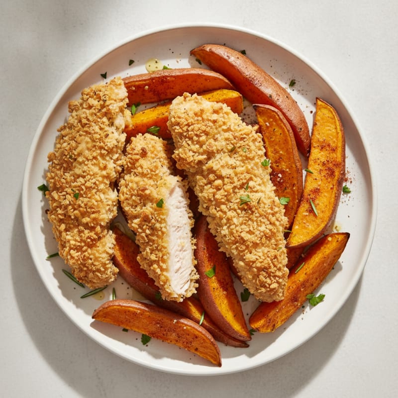 Crispy Sheet Pan Chicken Tenders with Roasted Sweet Potato Wedges