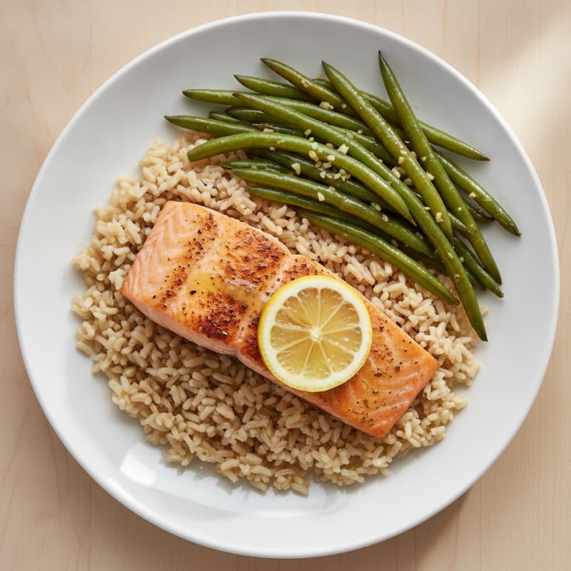 Baked Salmon with Garlic Green Beans and Brown Rice