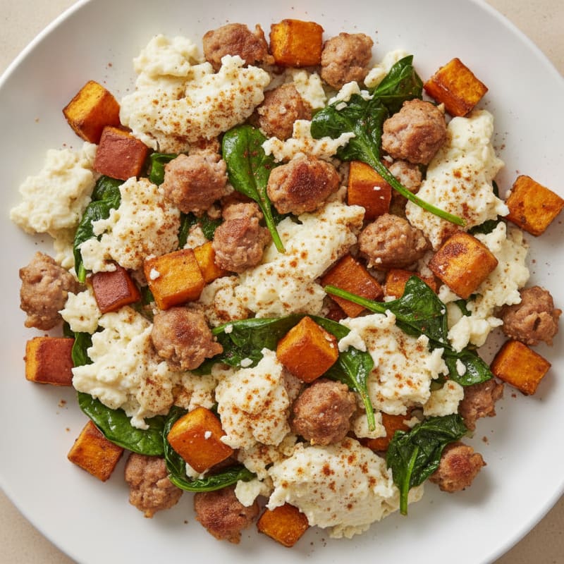 Egg White and Turkey Sausage Scramble with Spinach and Sweet Potato