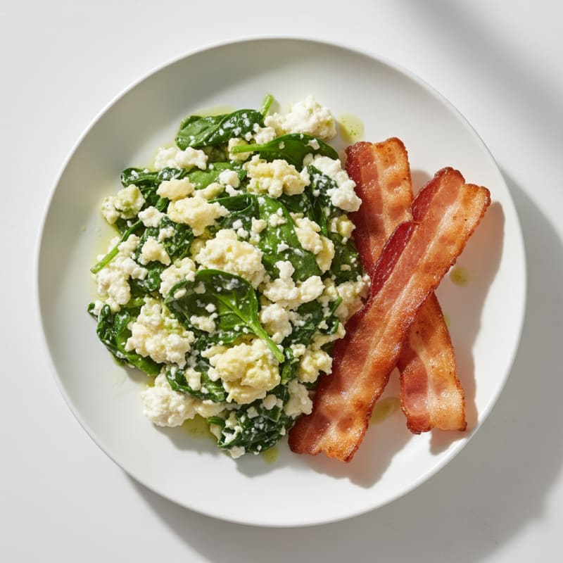 Cottage Cheese Egg Scramble with Spinach and Turkey Bacon