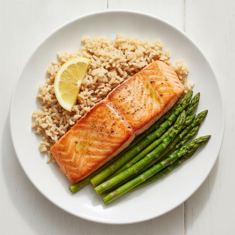 Seared Salmon Fillet with Steamed Asparagus and Brown Rice