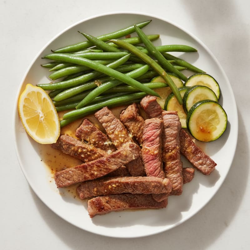 Seared Lean Beef with Steamed Green Beans and Zucchini