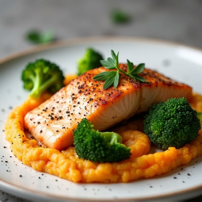 Pan-Seared Salmon with Roasted Broccoli and Sweet Potato Mash