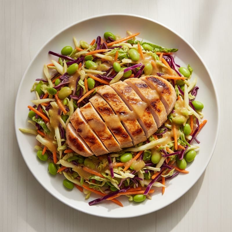 Grilled Chicken Breast over Crunchy Cabbage Slaw with Edamame