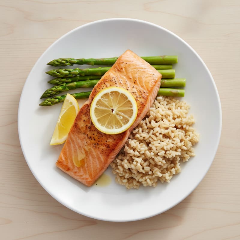 Seared Salmon Fillet with Steamed Asparagus and Brown Rice